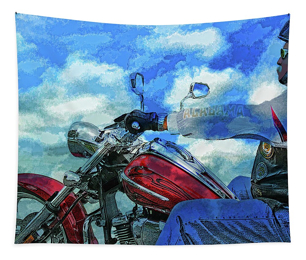 Motorcycle Tapestry featuring the mixed media A Bikers Euphoric Journey by Lesa Fine