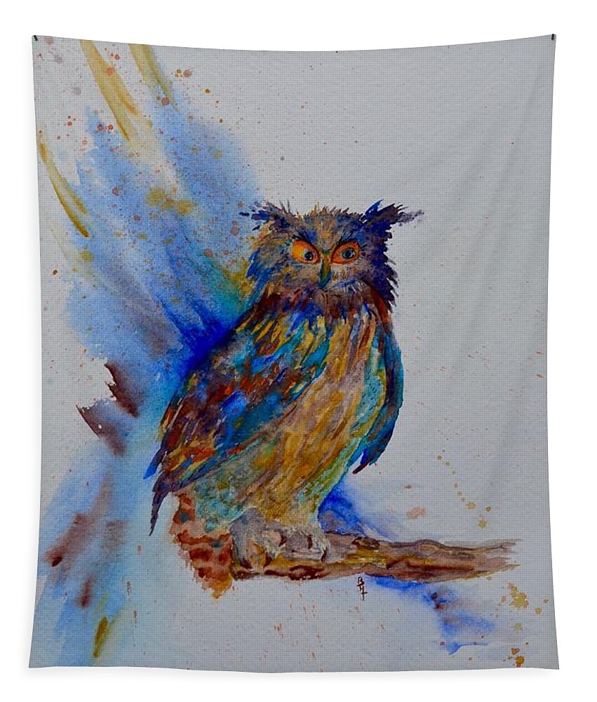 A Blue Mood Owl Tapestry featuring the painting A Blue Mood Owl by Beverley Harper Tinsley