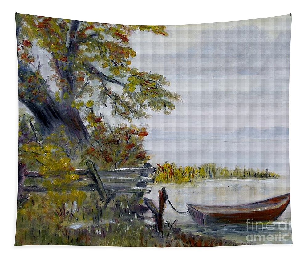 Boat Tapestry featuring the painting A boat waiting by Marilyn McNish