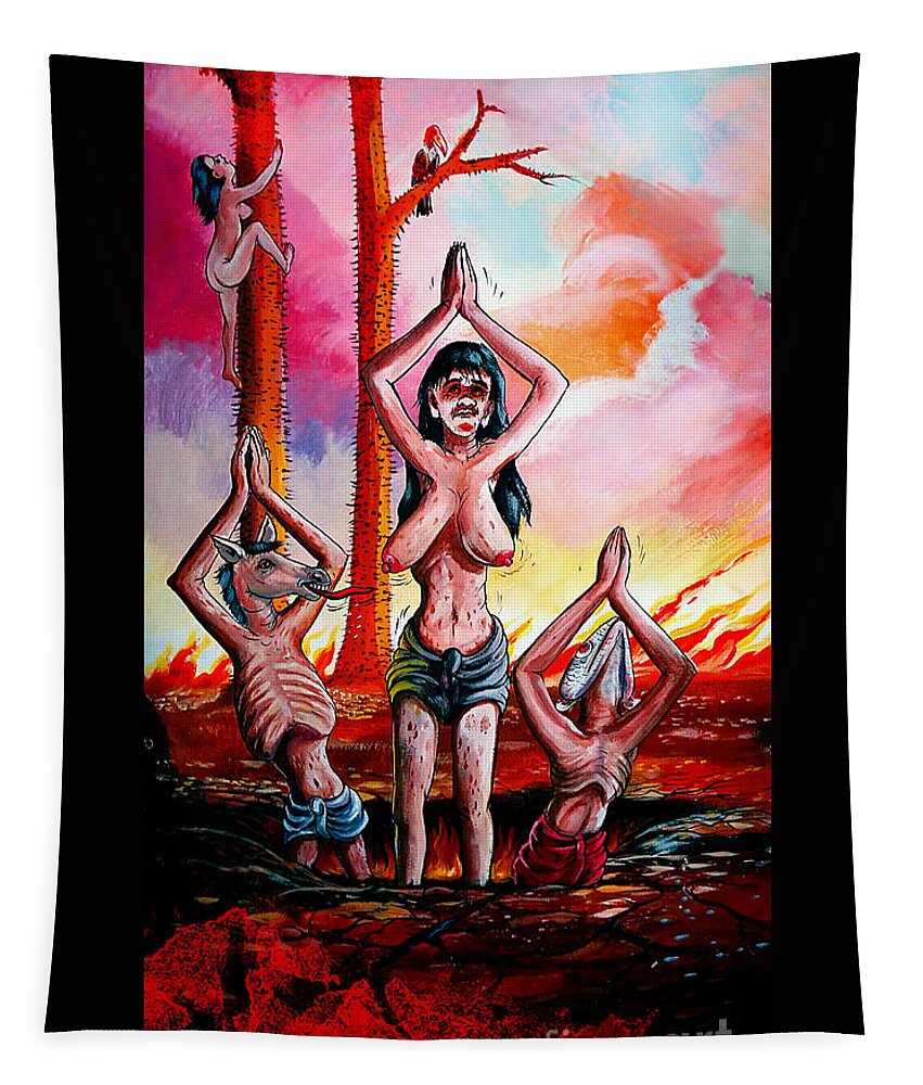 Hell Tapestry featuring the mixed media A Buddhist Depiction of Hell by Ian Gledhill