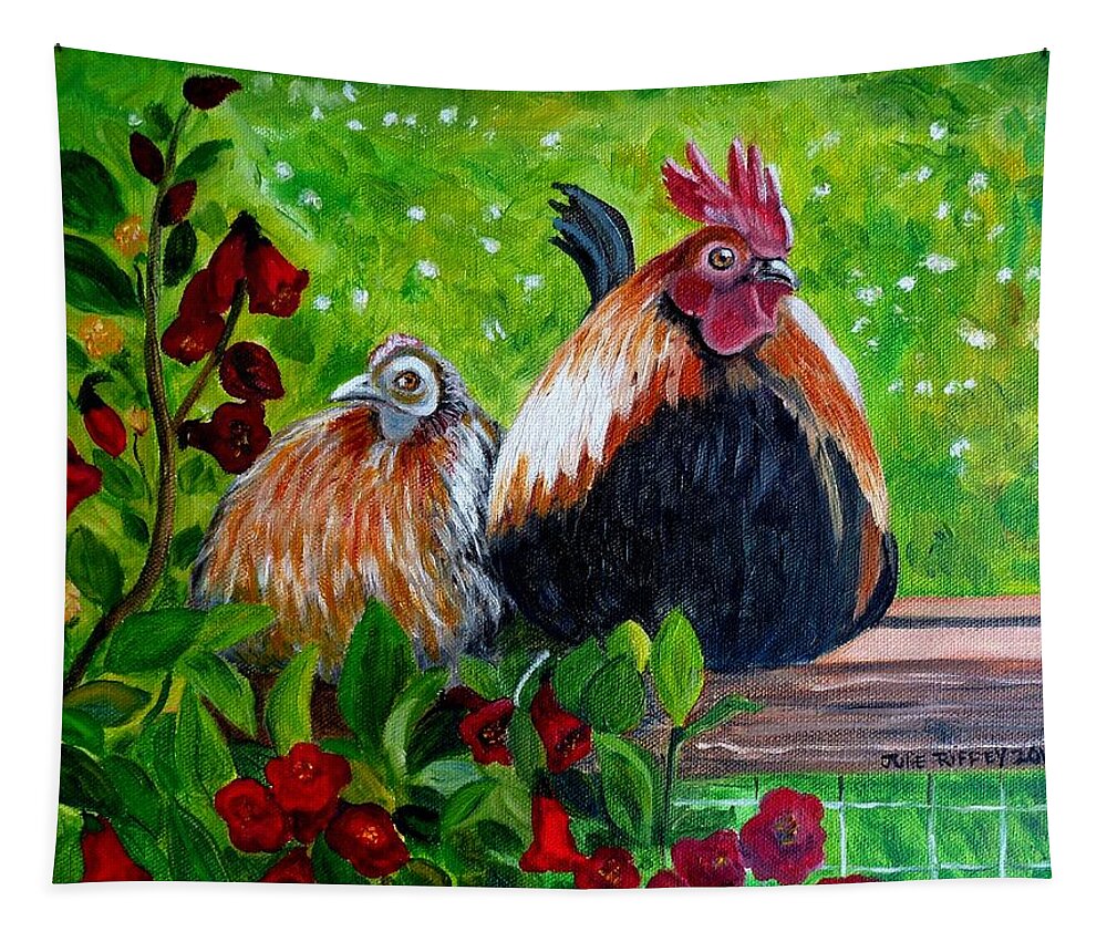 Rooster Tapestry featuring the painting A Difference of Opinion by Julie Brugh Riffey