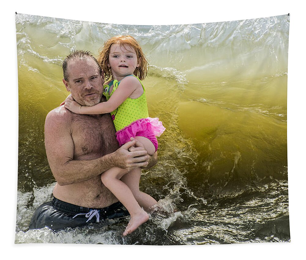 Beach Tapestry featuring the photograph A Father, A Daughter, and A Big Wave by WAZgriffin Digital
