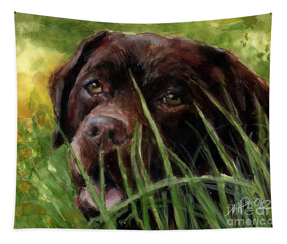 Chocolate Labrador Retriever Tapestry featuring the painting A Gardener's Friend by Molly Poole