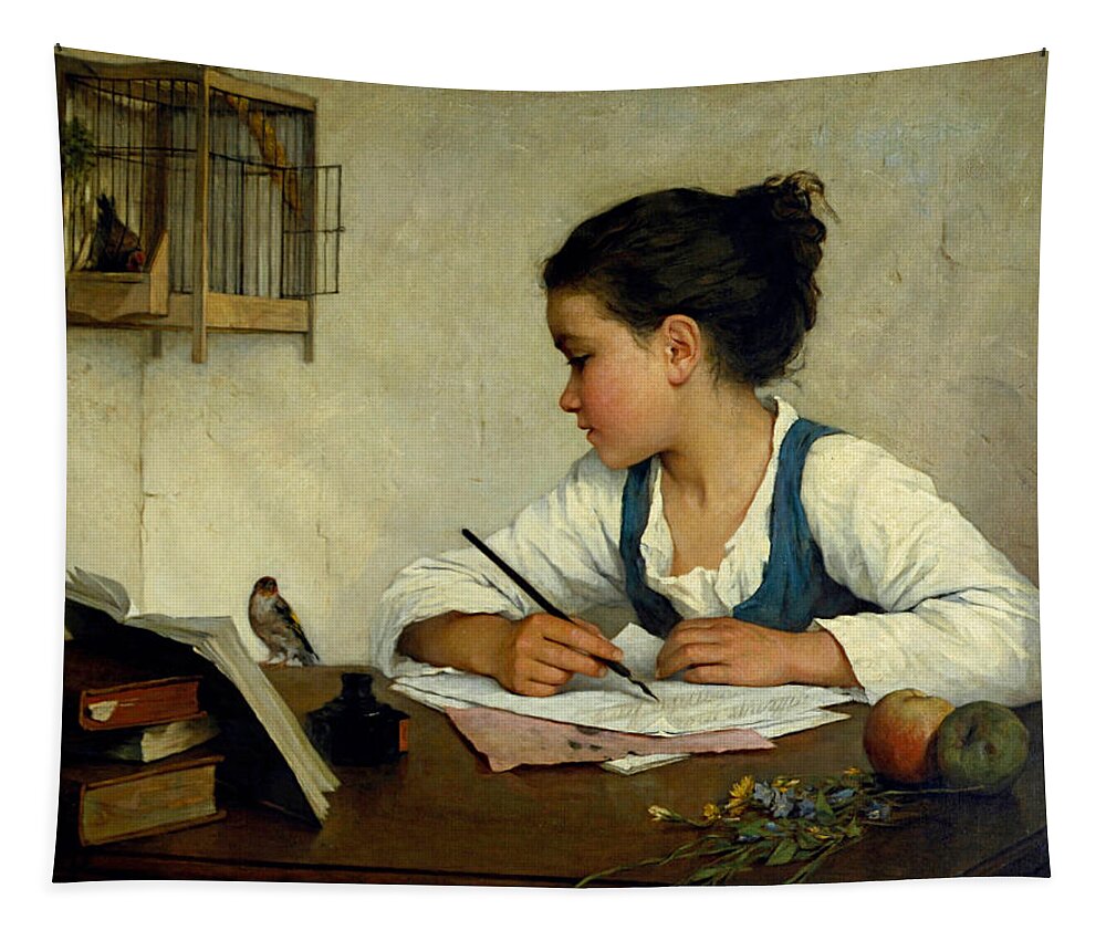 Henriette Browne Tapestry featuring the painting A Girl Writing. The Pet Goldfinch by Henriette Browne