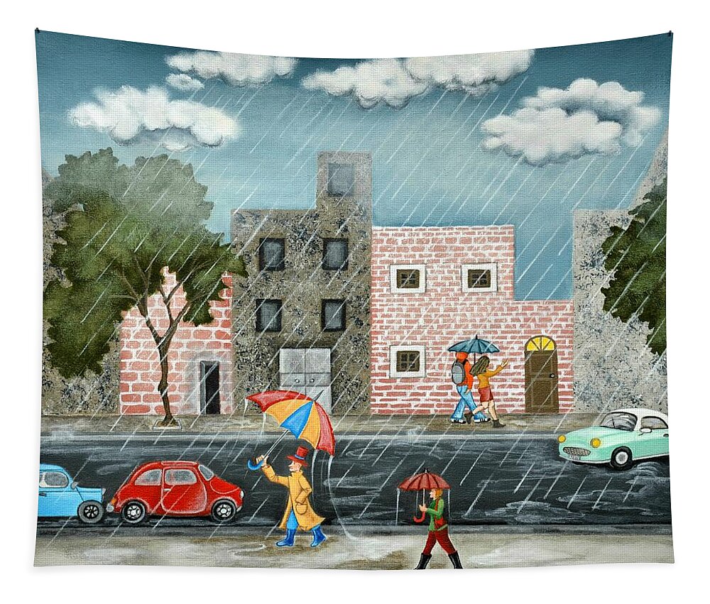Rain Tapestry featuring the painting A great rainy day by Graciela Bello