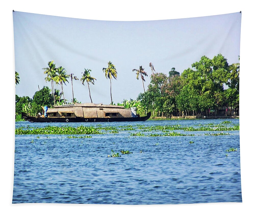 Backwater Tapestry featuring the photograph A houseboat on its quiet sojourn through the backwaters of Allep by Ashish Agarwal