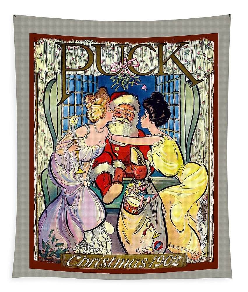 Santa Tapestry featuring the painting A Kiss For Santa - 1902 Vintage by Ian Gledhill