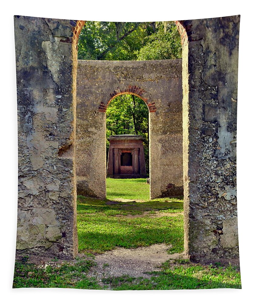 A Look Through Chapel Of Ease St. Helena Island Beaufort Sc Tapestry featuring the photograph A Look Through Chapel Of Ease St. Helena Island Beaufort SC by Lisa Wooten