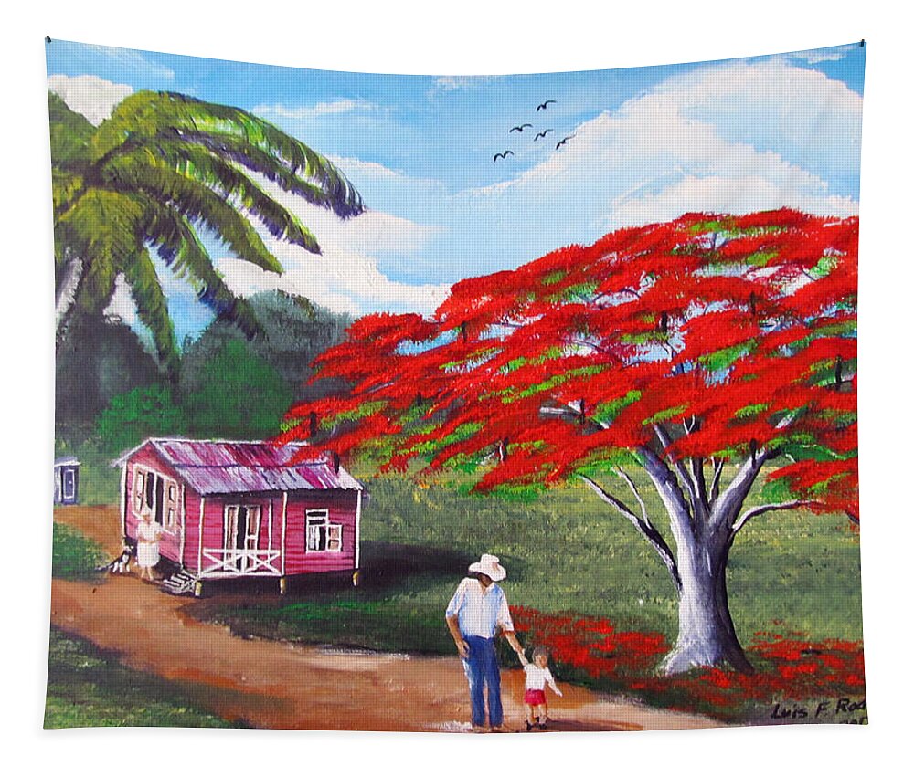 Flamboyan Tapestry featuring the painting A Memorable Walk by Luis F Rodriguez
