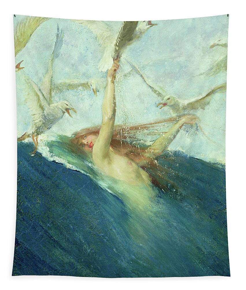 Seagulls Tapestry featuring the painting A Mermaid Being Mobbed by Seagulls by Giovanni Segantini