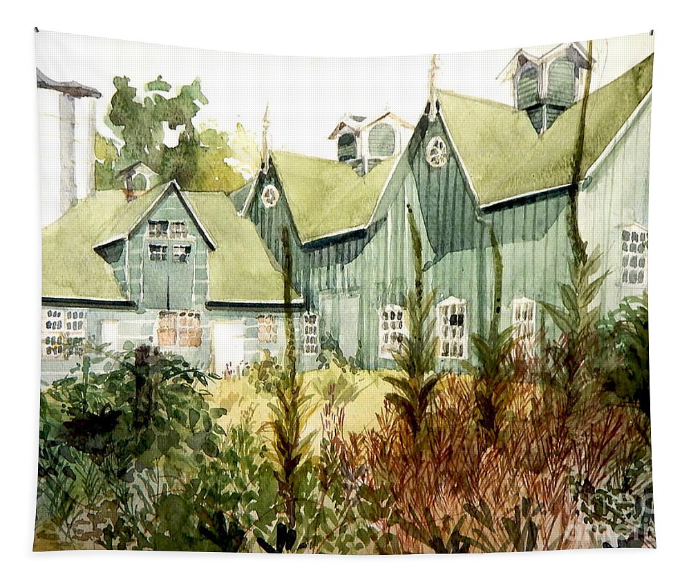 Greta Corens Watercolors Tapestry featuring the painting Watercolor of an old wooden barn painted green with silo in the sun by Greta Corens