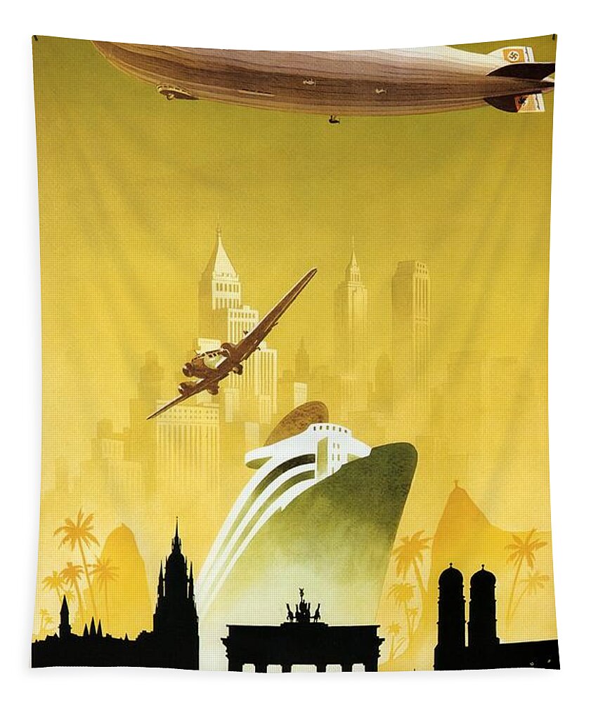 Germany Tapestry featuring the photograph A Pleasant Trip To Germany - Airship, Aircraft, Ship - Retro travel Poster - Vintage Poster by Studio Grafiikka