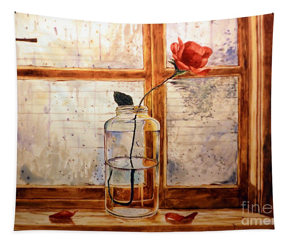 Rose Tapestry featuring the painting A rose in a glass jar on a rainy day by Christopher Shellhammer
