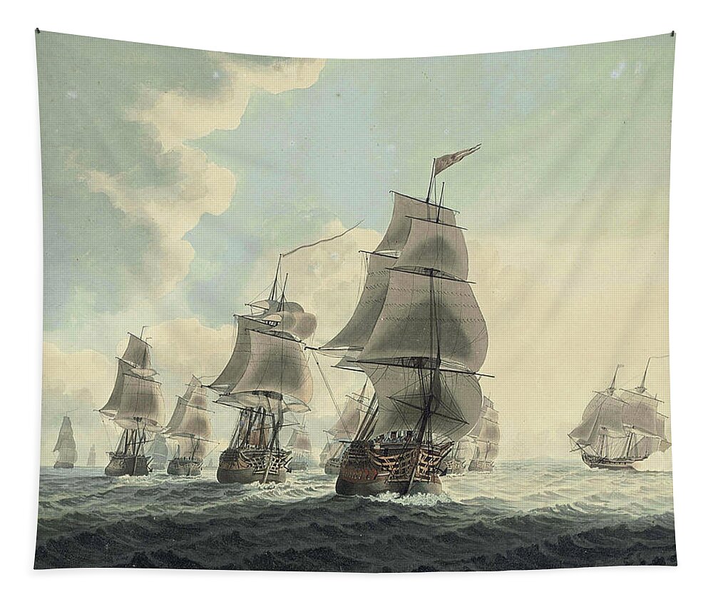 Attributed To Samuel Atkins Tapestry featuring the drawing A squadron of the Royal Navy running down the Channel and An East Indiaman preparing to sail by Attributed to Samuel Atkins