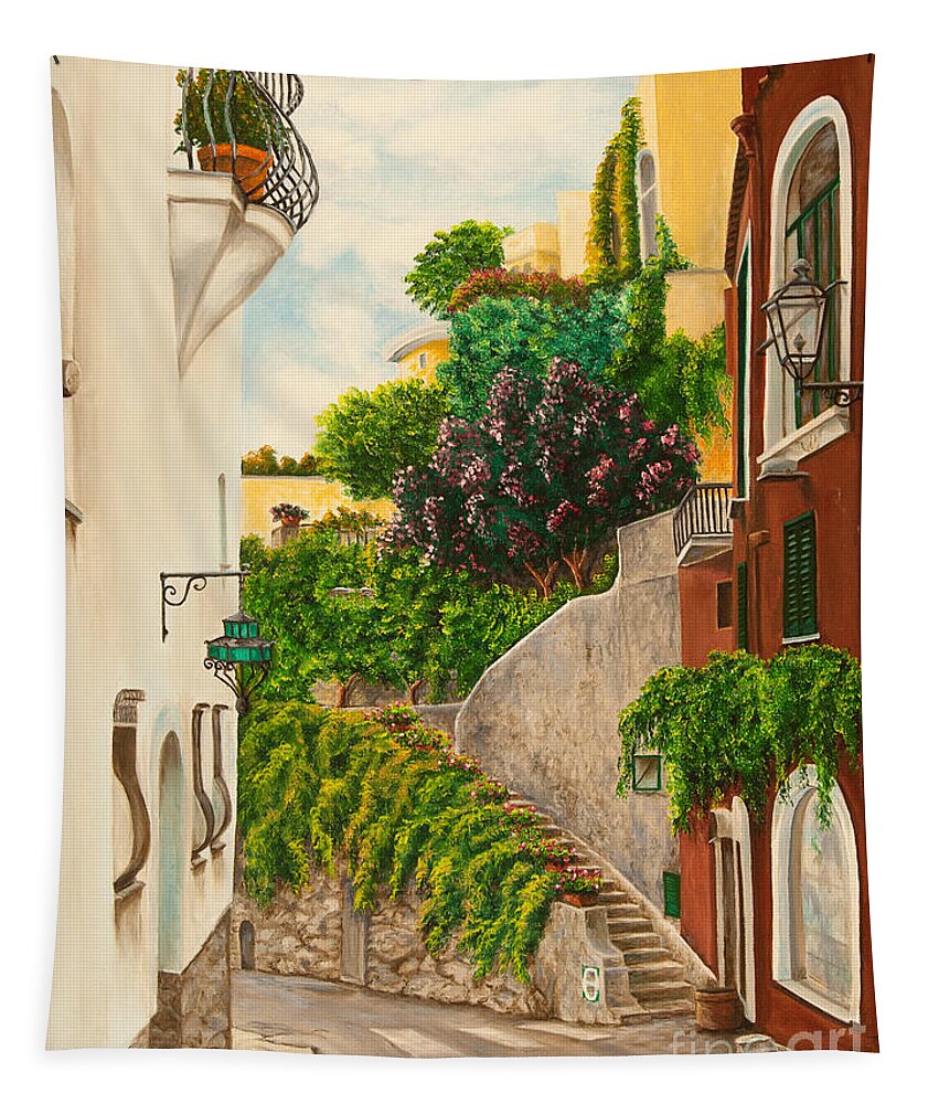 Italy Street Painting Tapestry featuring the painting A Street in Positano by Charlotte Blanchard