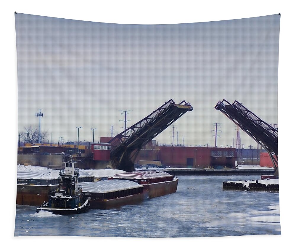Tug Boat Tapestry featuring the photograph A tug boat pushing a barge out to the lake by Sven Brogren