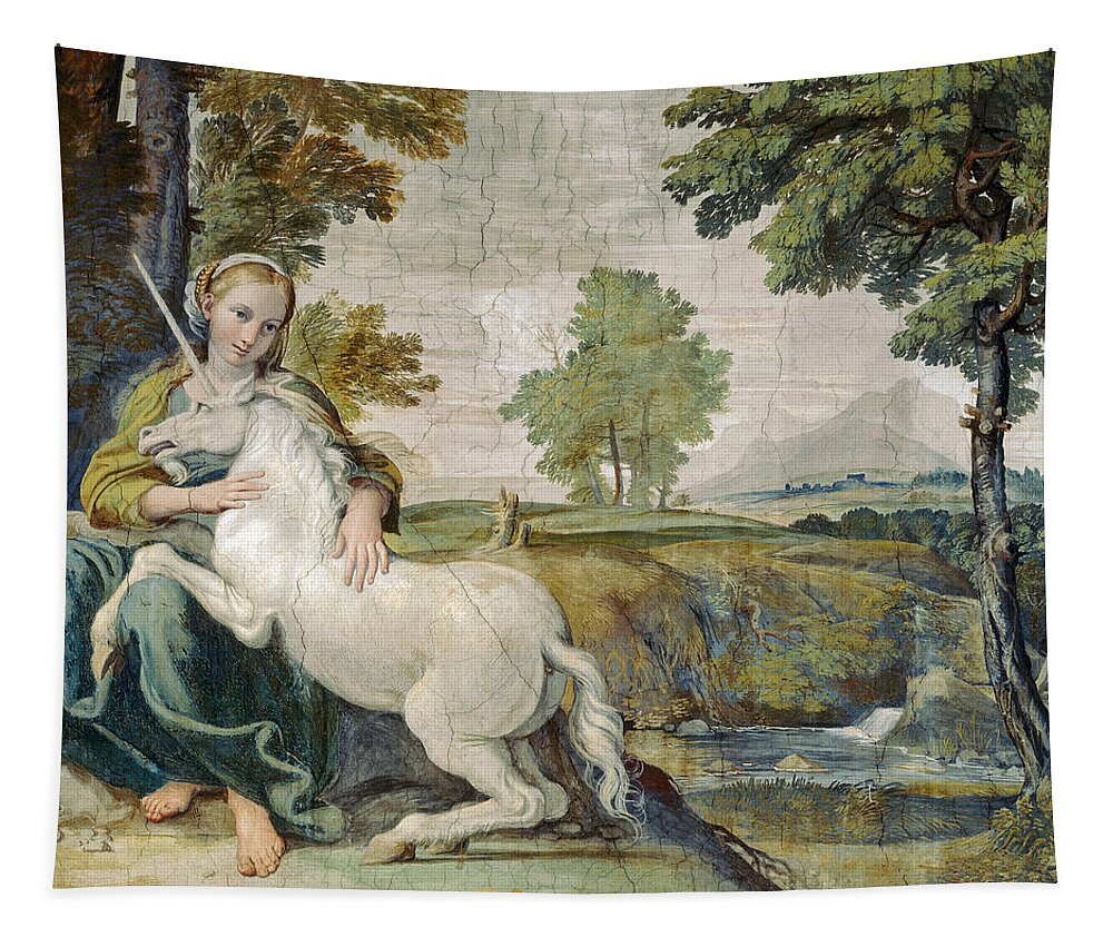 Domenichino Tapestry featuring the painting A Virgin with a Unicorn by Domenichino