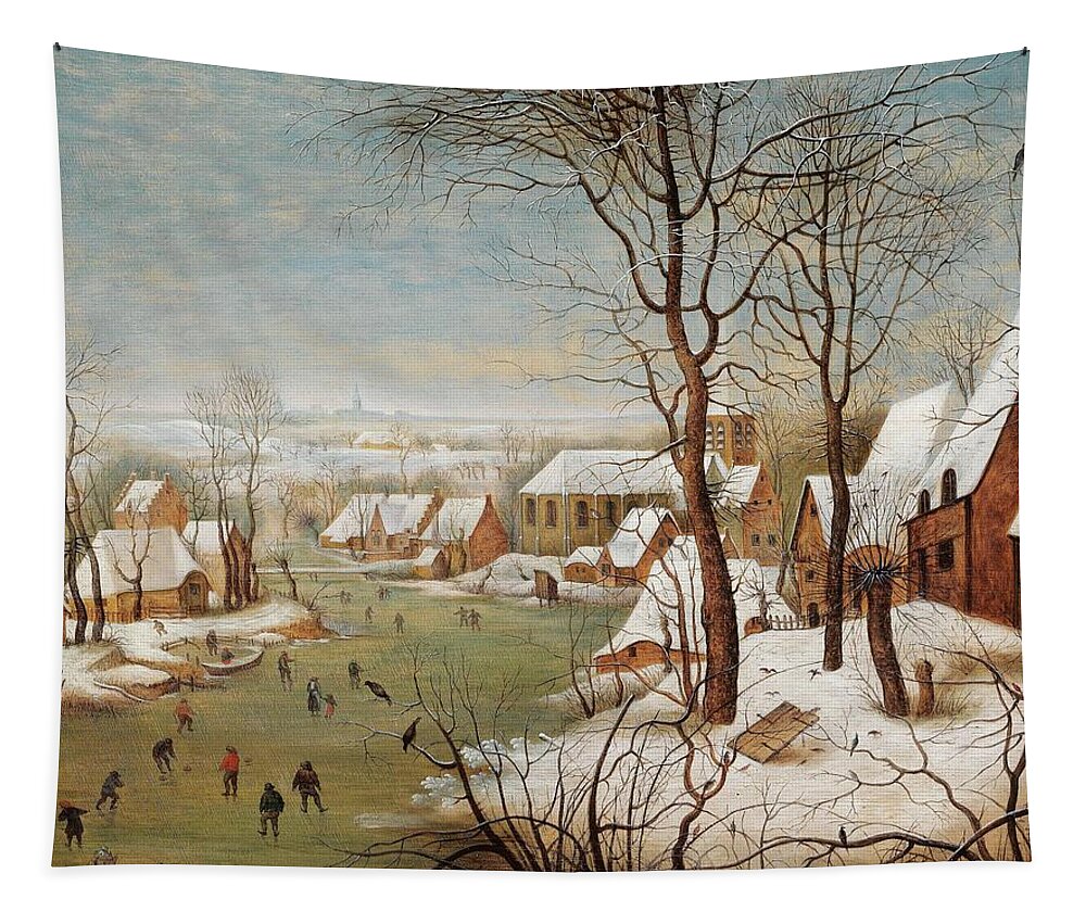 Pieter Brueghel Ii (brussels 1564-1637-38 Antwerp) A Winter Landscape With A Village And A Bird Trap Tapestry featuring the painting A winter landscape with a village and a bird trap, by Celestial Images