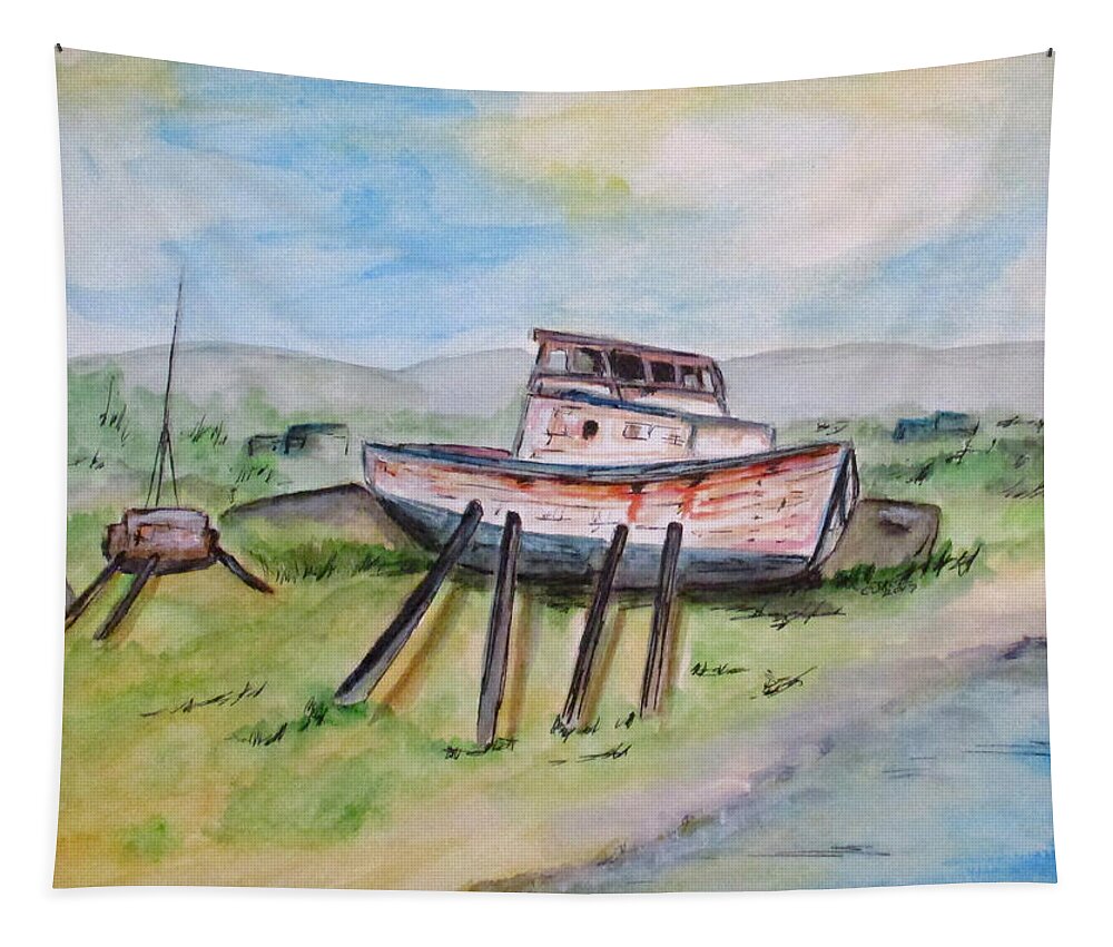 Boats Tapestry featuring the painting Abandoned Fishing Boat by Clyde J Kell
