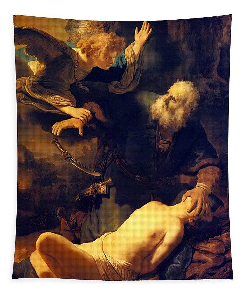 Rembrandt Van Rijn Tapestry featuring the painting Abraham And Isaac by Troy Caperton