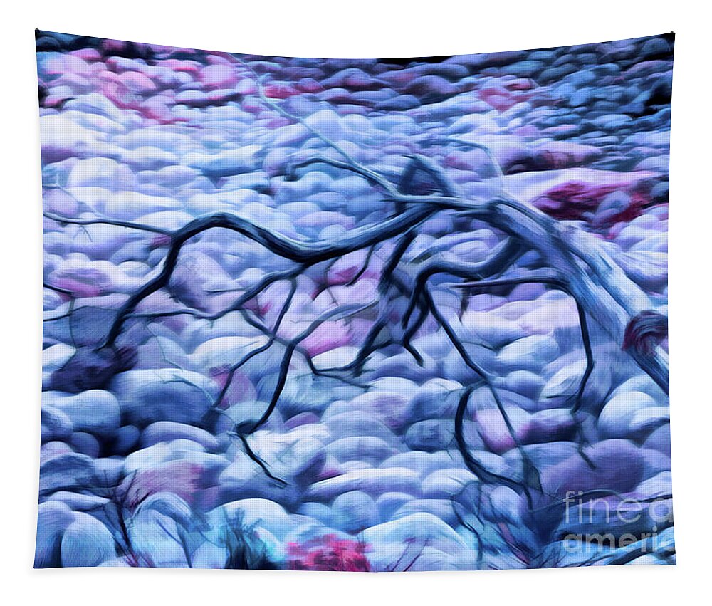 Acadia National Park Tapestry featuring the photograph Abstract Claw Driftwood and Cobblestones at Cobblestone Beach, Acadia National Park by Anita Pollak