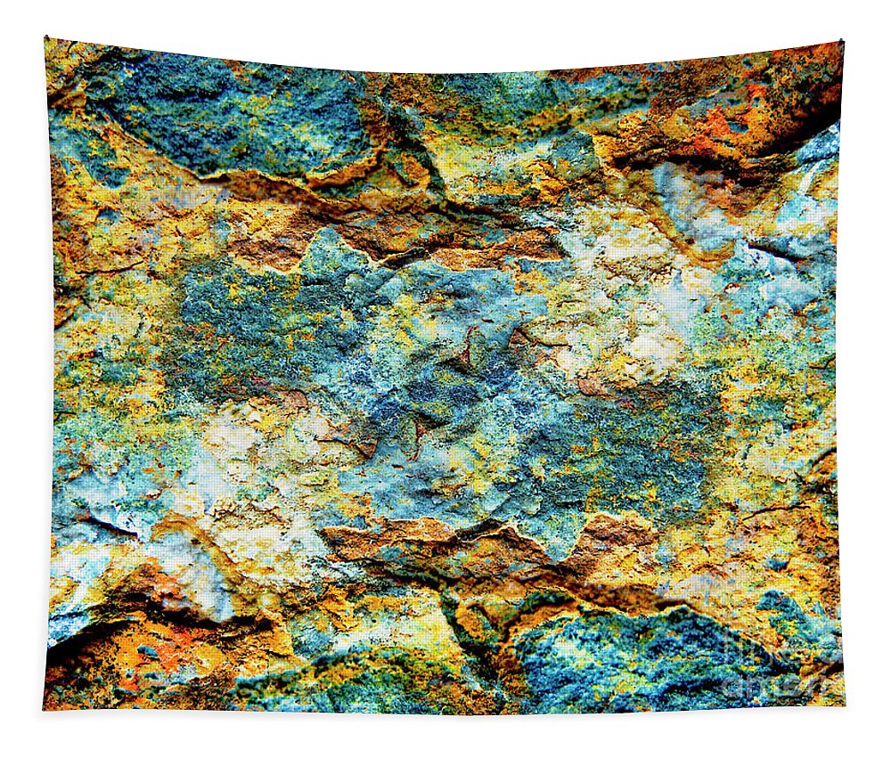 Stone Tapestry featuring the photograph Abstract Nature Tropical Beach Rock Blue Yellow and Orange Macro Photo 472 by Ricardos Creations