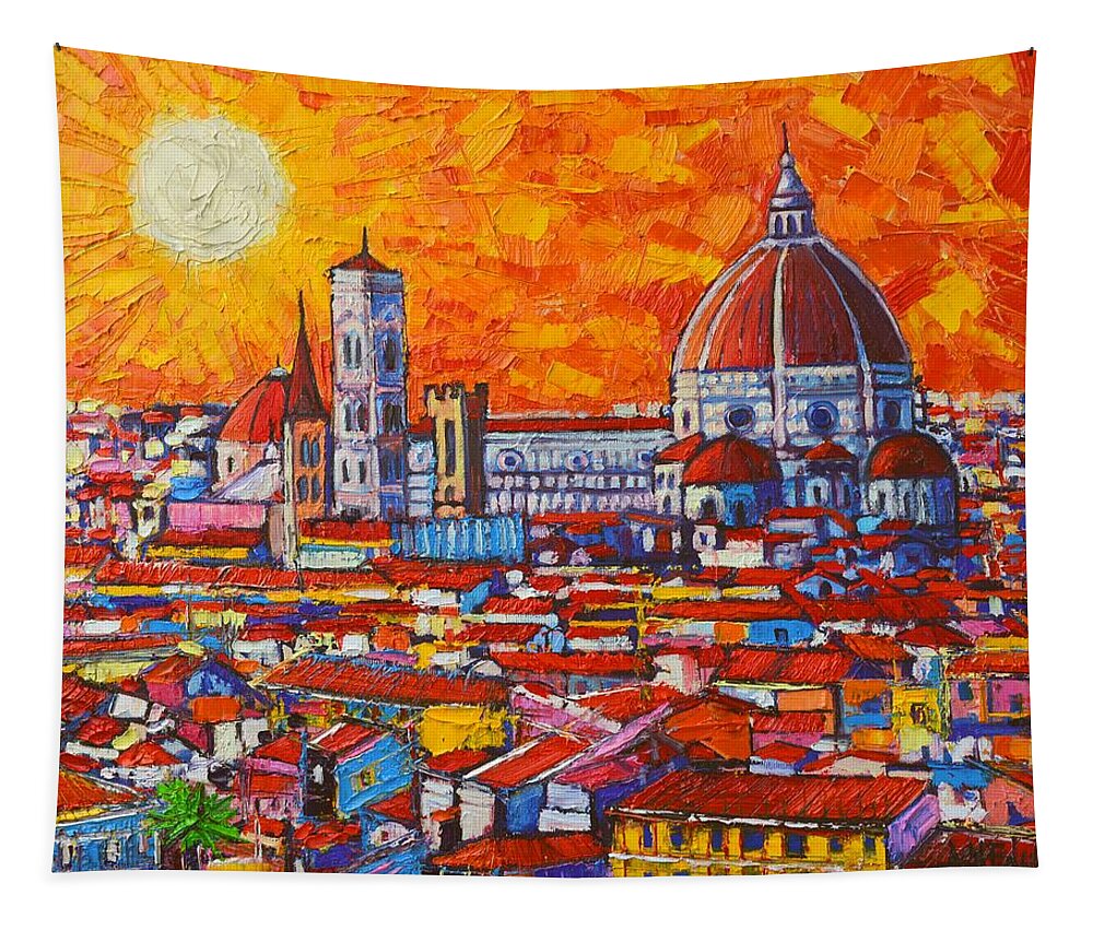 Italy Tapestry featuring the painting Abstract Sunset Over Duomo In Florence Italy by Ana Maria Edulescu