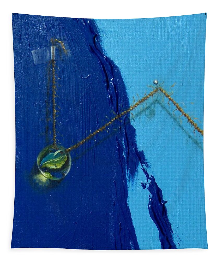 Marble Hanging By Rope Held By Tape And Needle Tapestry featuring the painting Acrobatics number two by Roger Calle