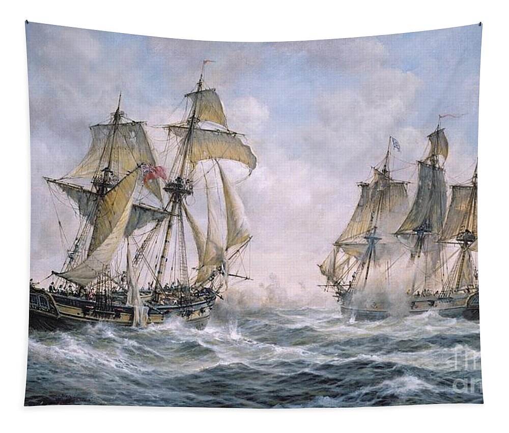 Seascape; Ships; Sail; Sailing; Ship; War; Battle; Battling; United States; Wasp; Brig Of War; Frolic; Sea; Water; Cloud; Clouds; Flag; Flags; Sloop; Action; Wave; Waves Tapestry featuring the painting Action Between U.S. Sloop-of-War 'Wasp' and H.M. Brig-of-War 'Frolic' by Richard Willis