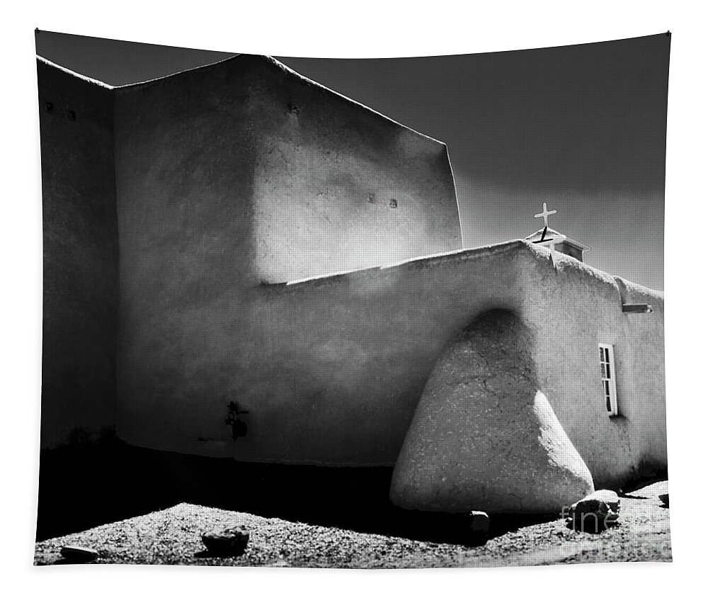 Santa Tapestry featuring the photograph Adobe church in B-W by Charles Muhle
