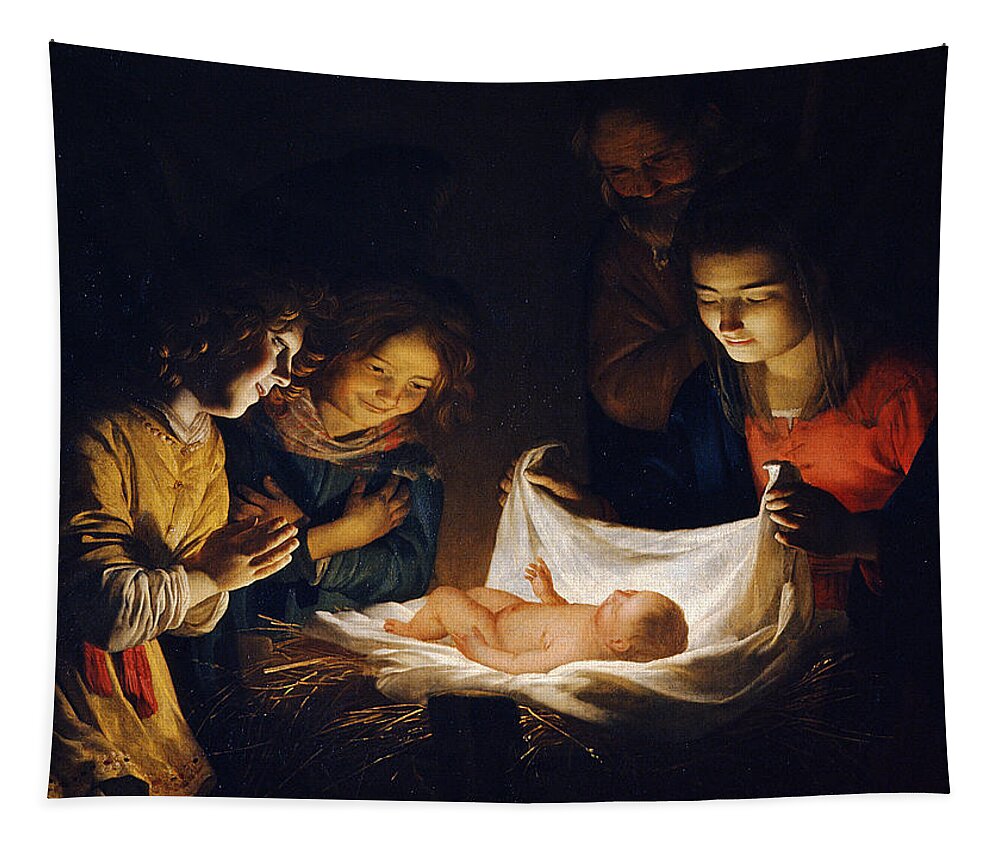 Gerrit Van Honthorst Tapestry featuring the painting Adoration of the Child by Gerrit van Honthorst