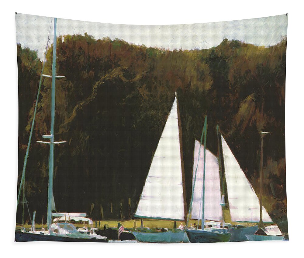 Landscape Tapestry featuring the painting Afternoon Mooring by Thomas Tribby