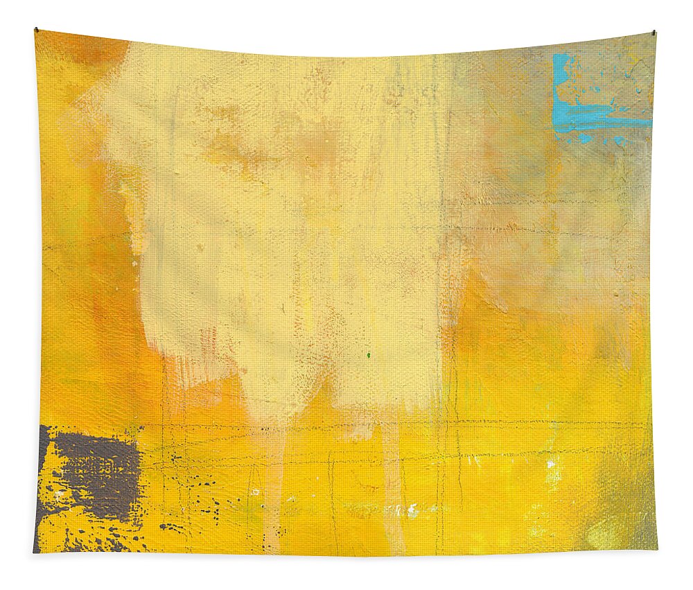 Abstract Painting Yellow Grey Gray Blue White abstract Painting Sun Afternoon Urban Loft urban Loft Lines Warm abstract Art By Linda Woods Square coffee House Style Hotel Office Lobby Healthcare Bedroom Living Room Entrance Tapestry featuring the painting Afternoon Sun -Large by Linda Woods