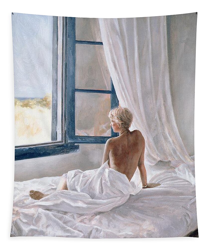 Bed; Sheets; Bedsheets; Window; Female; Nude; Bedroom; Nude Tapestry featuring the painting Afternoon View by John Worthington