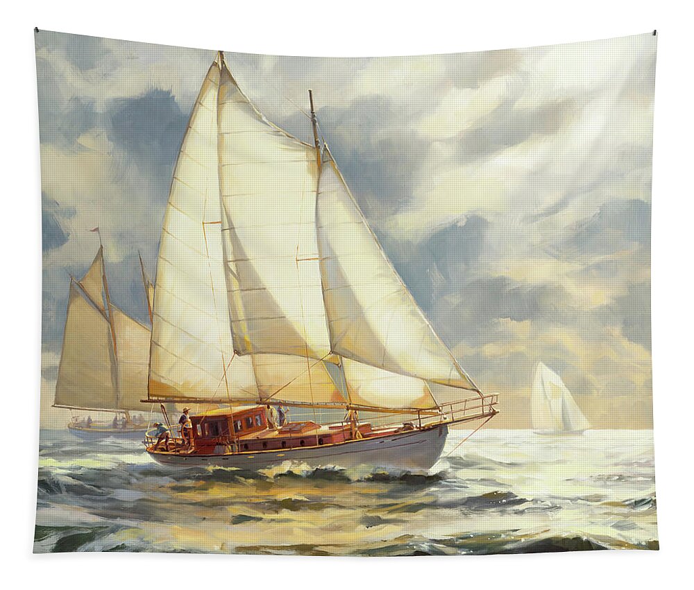 Sailboat Tapestry featuring the painting Ahead of the Storm by Steve Henderson