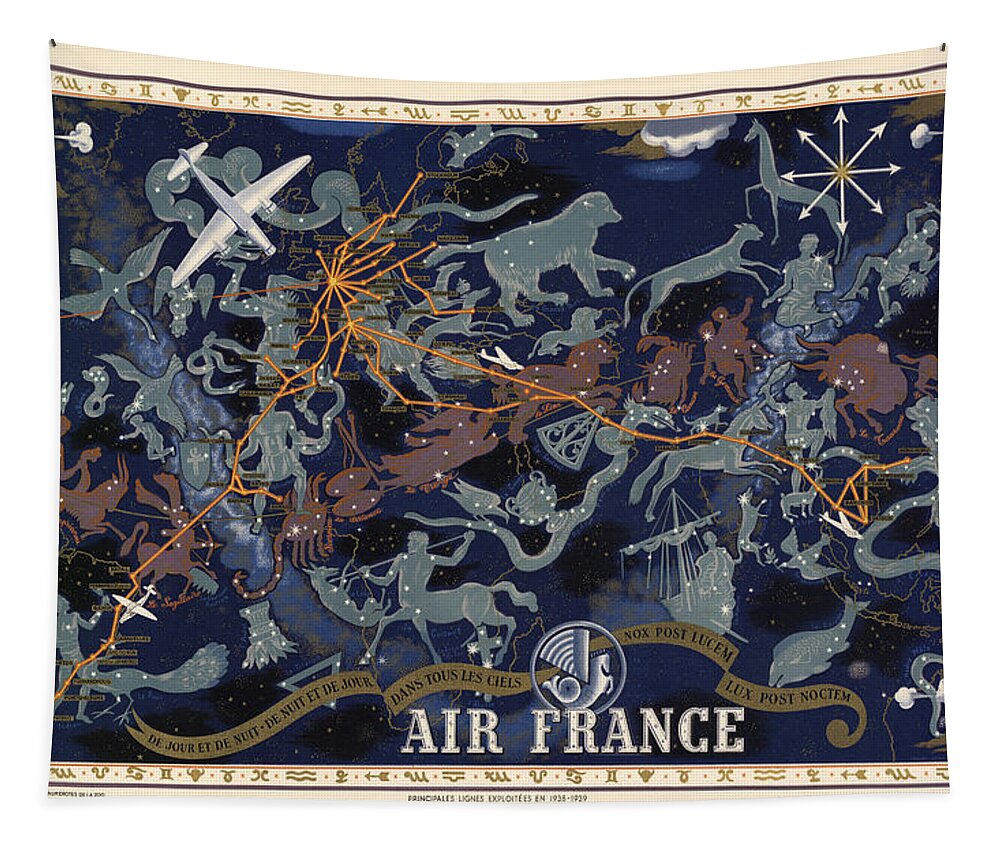 Air France Tapestry featuring the drawing Air France - Illustrated Poster of the Constellations - Blue - Celestial Map - Celestial Atlas by Studio Grafiikka