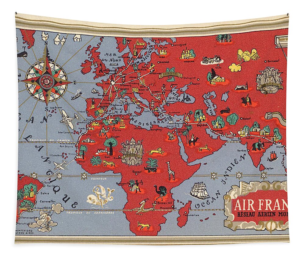 Air France Tapestry featuring the mixed media Air France - Vintage Illustrated Map of the World by Lucien Boucher - Cartography by Studio Grafiikka