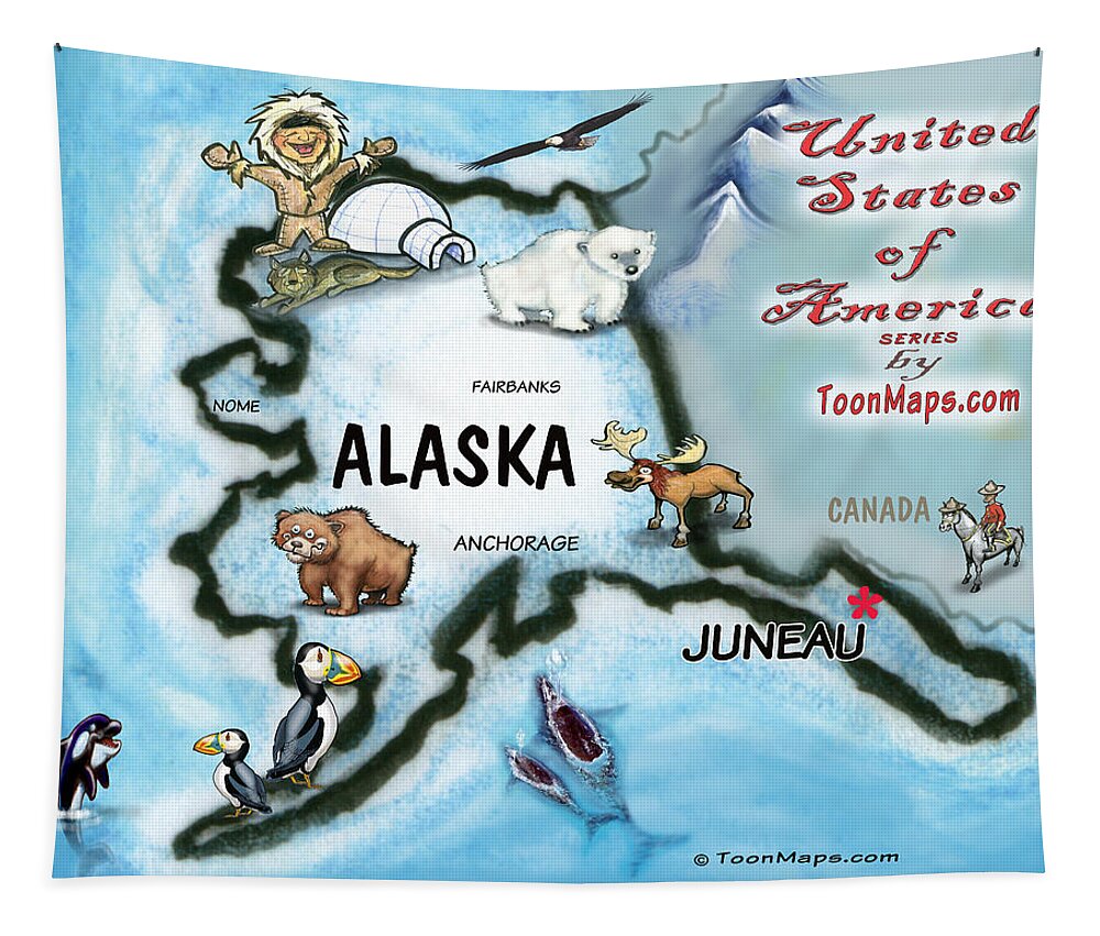 Alaska Tapestry featuring the digital art Alaska Fun Map by Kevin Middleton
