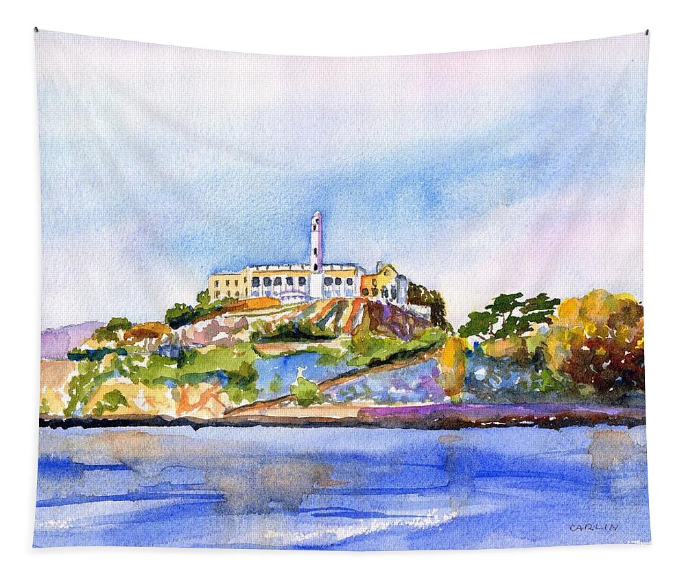 San Fancisco Tapestry featuring the painting Alcatraz Island San Francisco Bay by Carlin Blahnik CarlinArtWatercolor