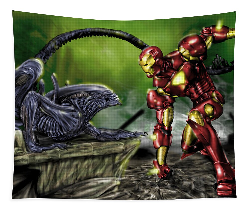 Alien Tapestry featuring the painting Alien vs Iron Man by Pete Tapang