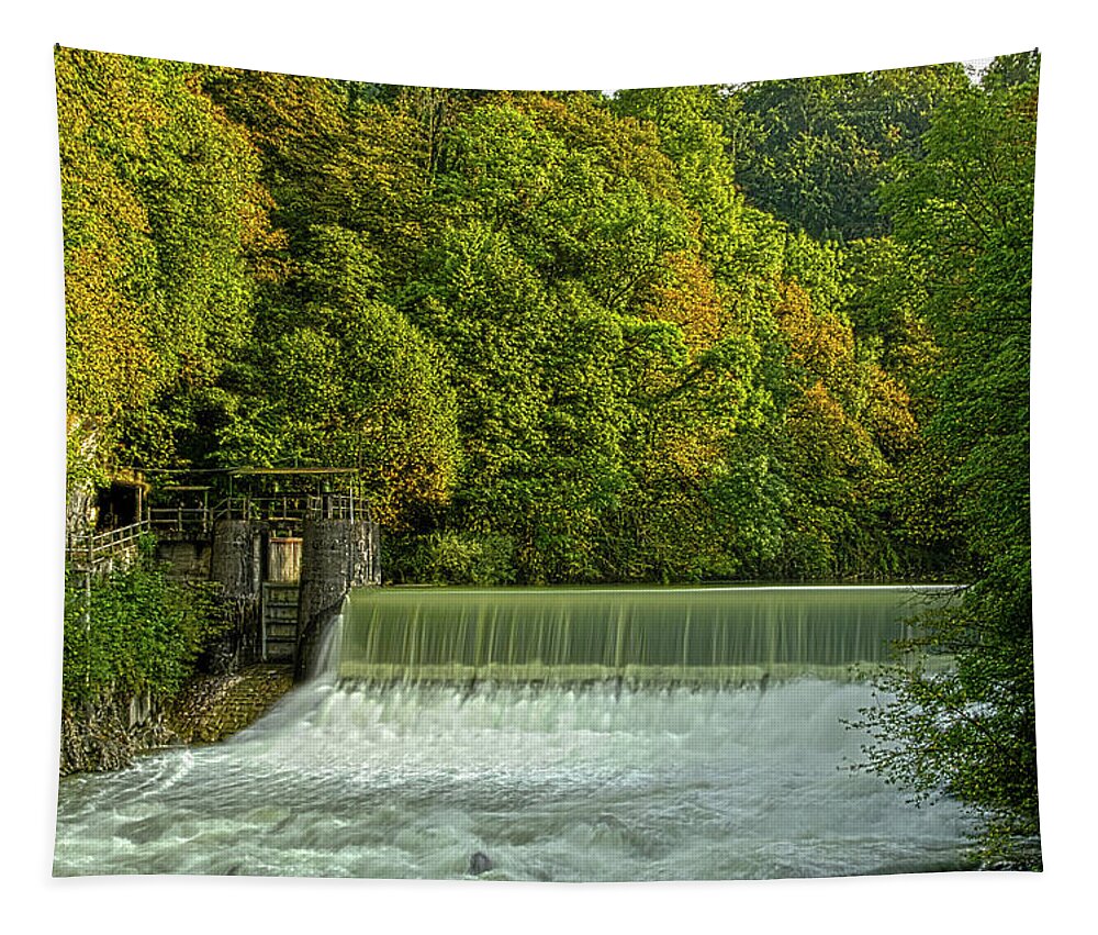 Dam Tapestry featuring the photograph Alm Dam in Oberalm/Austria by Wolfgang Stocker
