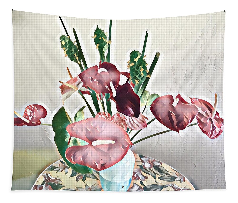 #alohabouquetoftheday #anthuriums #greenginger #flowersofaloha #flowers Tapestry featuring the photograph Aloha Bouquet of the Day - Anthuriums and Green Ginger in Pale by Joalene Young