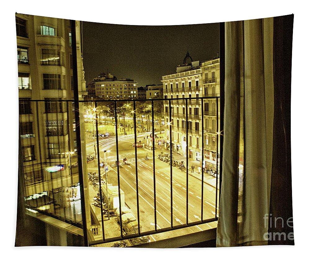 Cityscape Tapestry featuring the photograph Alone at Midnight in Barcelona by Becqi Sherman