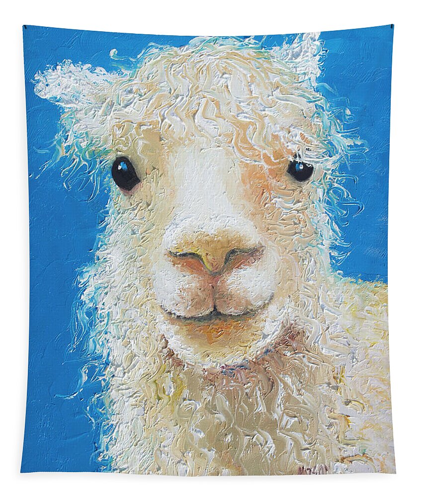 Alpaca Tapestry featuring the painting Alpaca on blue background by Jan Matson
