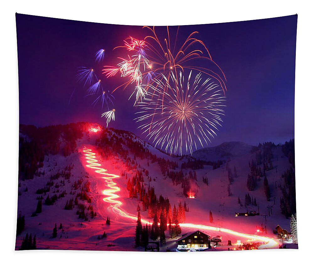 Alta Ski Utah Torchlight Fireworks Celebration Birthday Tapestry featuring the photograph Alta Ski Area 75th Birthday Celebration by Brett Pelletier