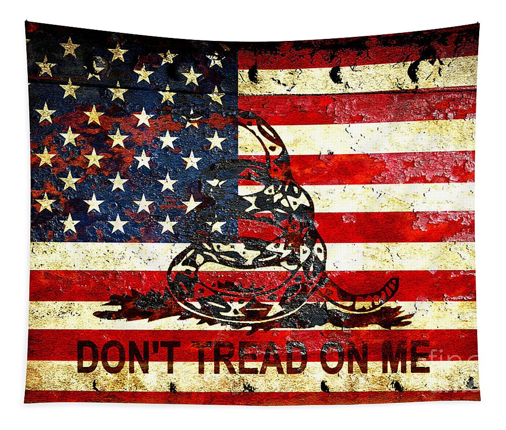 Snake Tapestry featuring the digital art American Flag And Viper On Rusted Metal Door - Don't Tread on Me by M L C