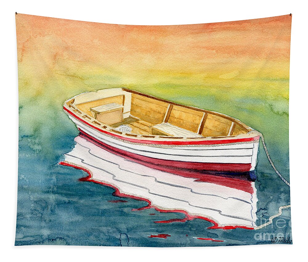 American Tapestry featuring the painting American Skiff Reflection by Melly Terpening
