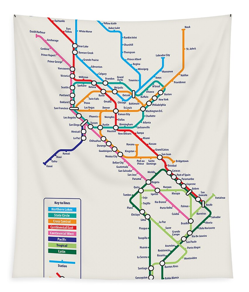 World Map Tapestry featuring the digital art Americas Metro Map by Michael Tompsett