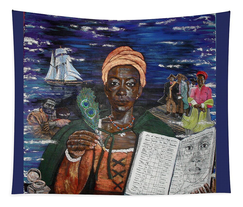 Portrait Tapestry featuring the painting Aminata's Book of Negroes by Lee McCormick
