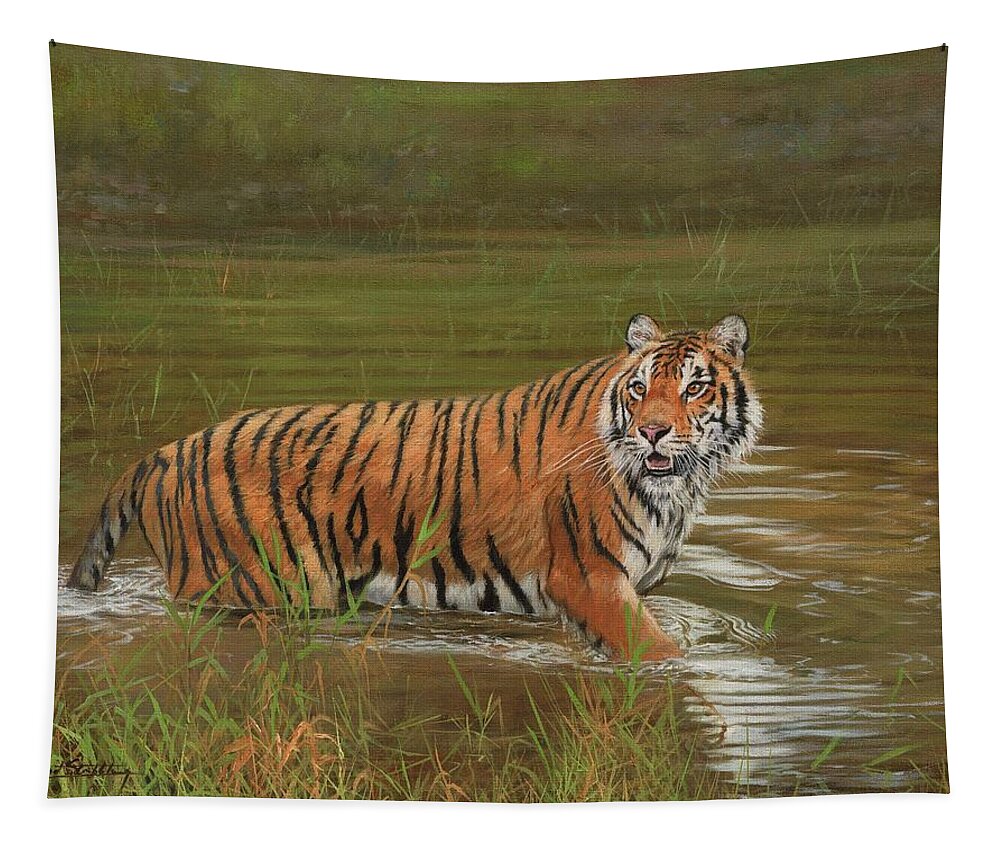 Tiger Tapestry featuring the painting Amur Tiger Cooling Off by David Stribbling